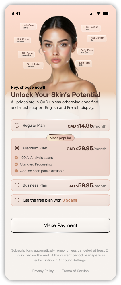 Vellaya AI subscription plans — Free, Regular, Premium, and Business tiers in CAD